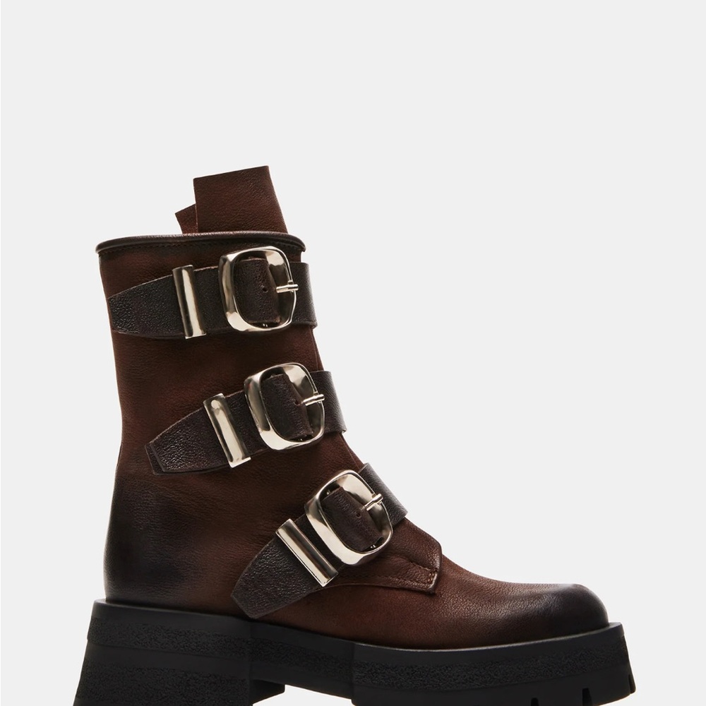 Steve Madden Brown Combat Moto Boots with Buckle Straps